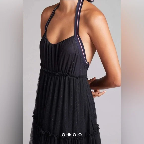 Maeve Anthropologie black tulle dress with white red and navy halter size 8 - Picture 4 of 14